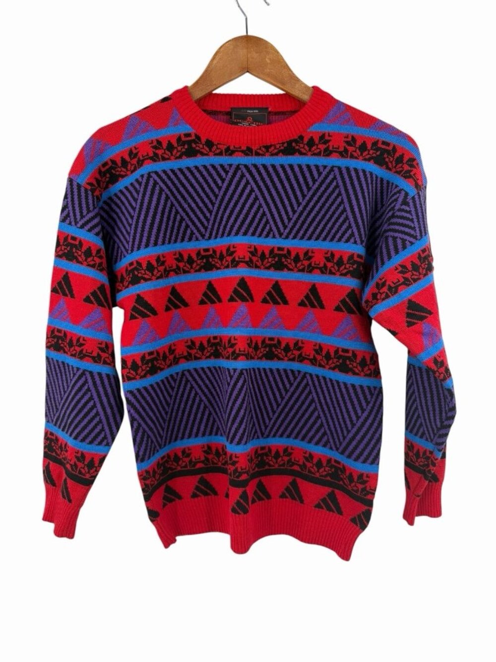 DEMETRE Women's Vintage Red Purple Geo Stripe Virgin Wool Crew Neck Sweater SM
